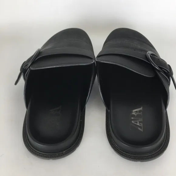 Zara Mens Black Leather Buckle Clogs Chunky Slide Sandal Slip On Shoes Mules