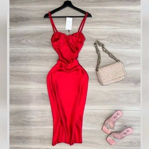 ZARA NWT WOMAN SS24 SATIN MIDI SLIP DRESS RED | 2340/371