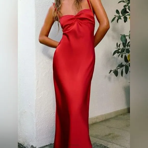 ZARA NWT WOMAN SS24 SATIN MIDI SLIP DRESS RED | 2340/371