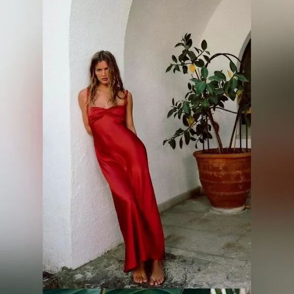 ZARA NWT WOMAN SS24 SATIN MIDI SLIP DRESS RED | 2340/371
