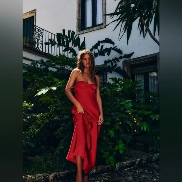 ZARA NWT WOMAN SS24 SATIN MIDI SLIP DRESS RED | 2340/371
