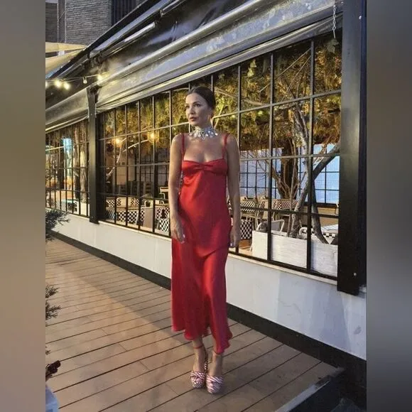 ZARA NWT WOMAN SS24 SATIN MIDI SLIP DRESS RED | 2340/371