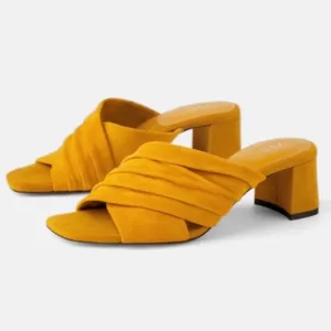 ZARA RARE SUEDE LEATHER MUSTARD YELLOW PLEATED MULES HEELS NEW WITH TAGS US 6.5