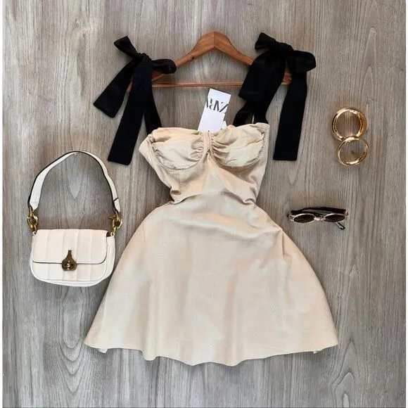 ZARA RUFFLED MINI DRESS bow black linen