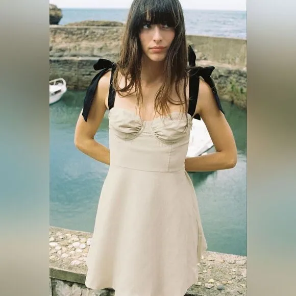 ZARA RUFFLED MINI DRESS bow black linen
