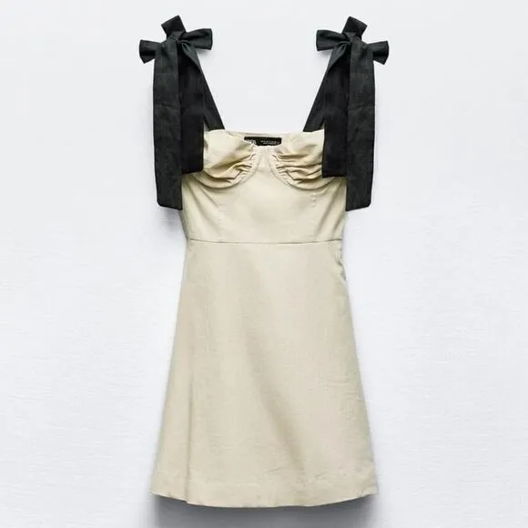 ZARA RUFFLED MINI DRESS bow black linen