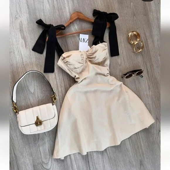 ZARA RUFFLED MINI DRESS bow black linen