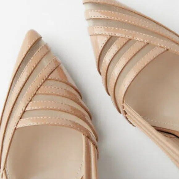 ZARA shoes Beige Black Heels Stripes/Mesh Pointy bloggers favorite