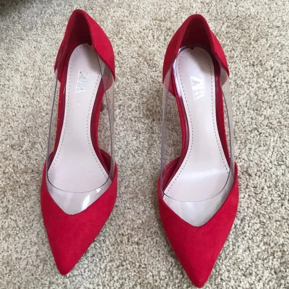 ZARA Size 36 red with vinyl pointed toe heels