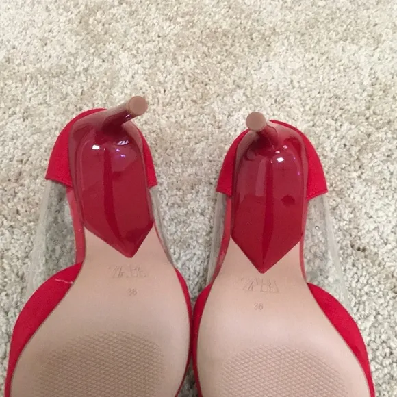 ZARA Size 36 red with vinyl pointed toe heels
