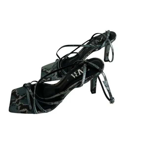 Zara Strappy Square Toe Faux Snakeskin Metallic Teal Heels