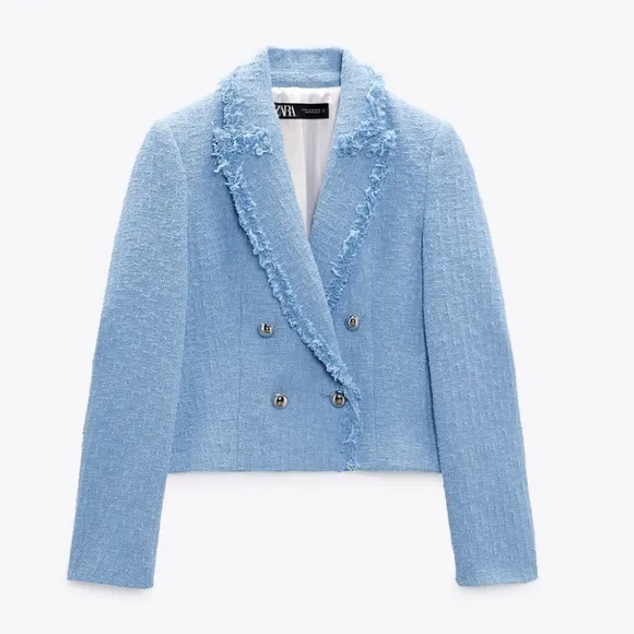 Zara Textured  Tweed  Double Breasted Blazer Light Blue size M