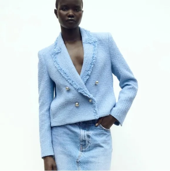 Zara Textured  Tweed  Double Breasted Blazer Light Blue size M