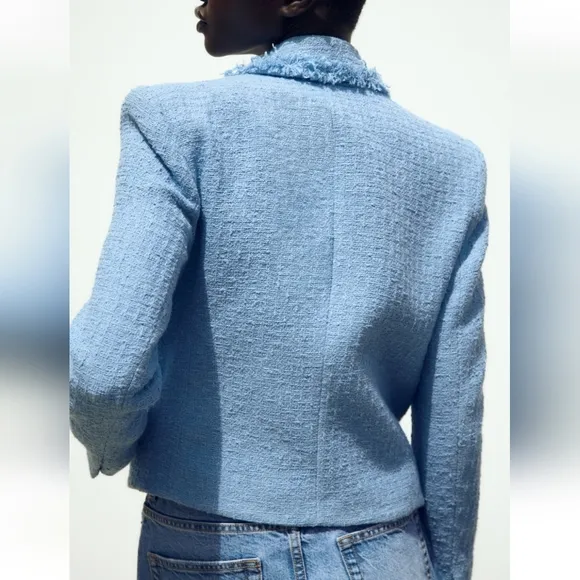 Zara Textured  Tweed  Double Breasted Blazer Light Blue size M