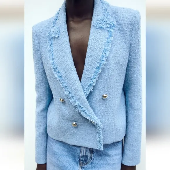Zara Textured  Tweed  Double Breasted Blazer Light Blue size M