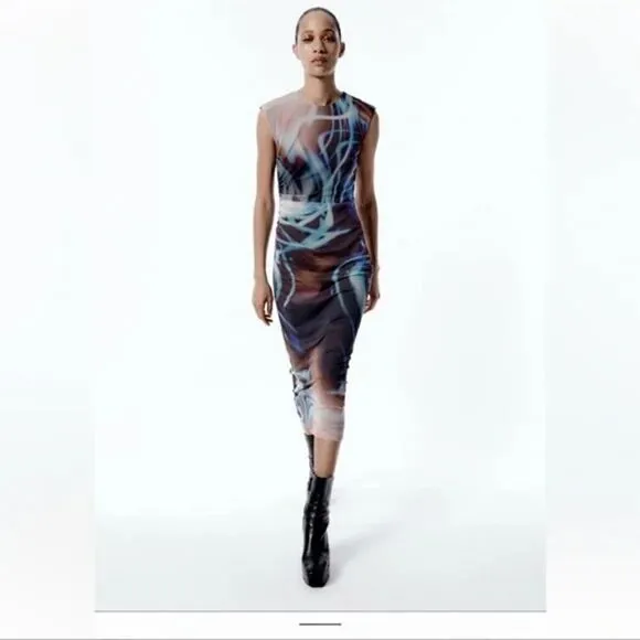 Zara blue blend PRINTED TULLE DRESS ZARA