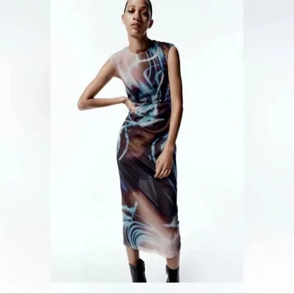Zara blue blend PRINTED TULLE DRESS ZARA