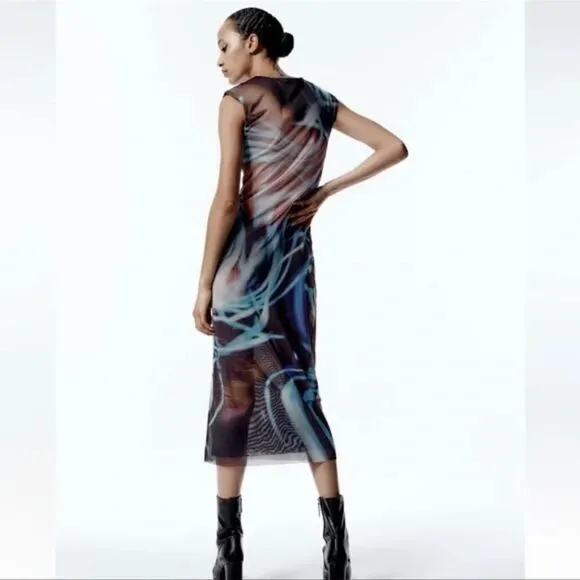 Zara blue blend PRINTED TULLE DRESS ZARA