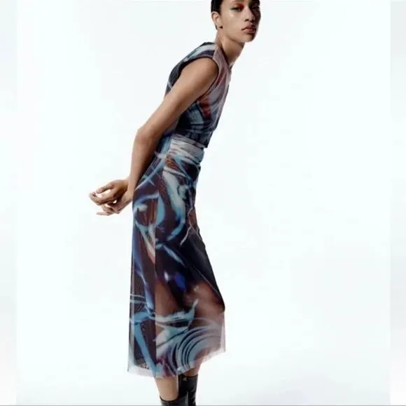 Zara blue blend PRINTED TULLE DRESS ZARA