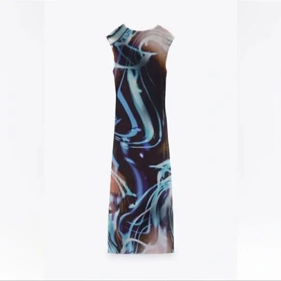 Zara blue blend PRINTED TULLE DRESS ZARA