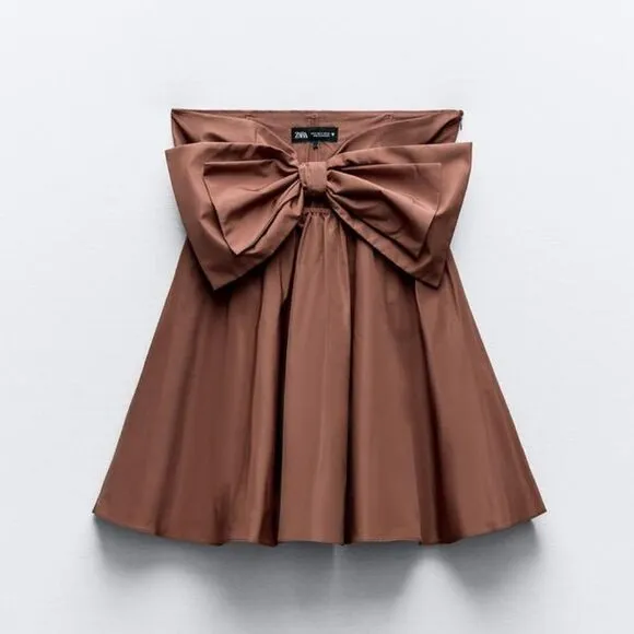 Zara CUT OUT BOW TAFFETA DRESS brown