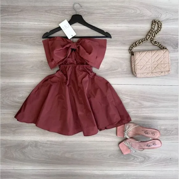 Zara CUT OUT BOW TAFFETA DRESS brown