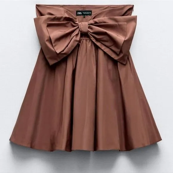 Zara CUT OUT BOW TAFFETA DRESS brown
