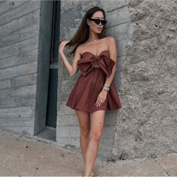 Zara CUT OUT BOW TAFFETA DRESS brown
