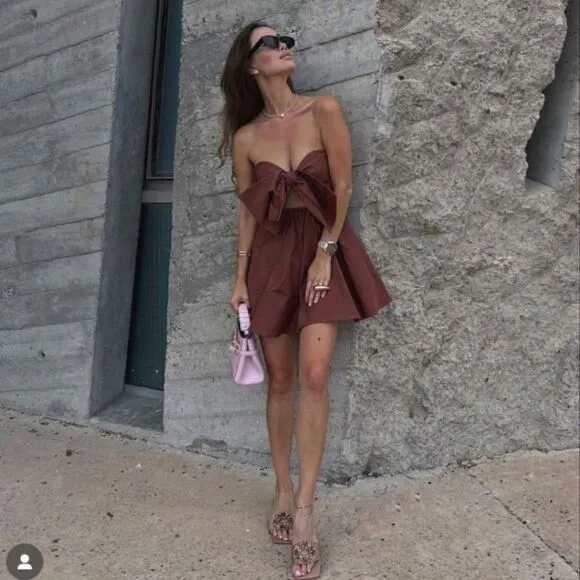 Zara CUT OUT BOW TAFFETA DRESS brown