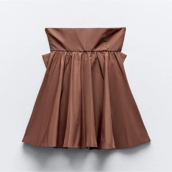 Zara CUT OUT BOW TAFFETA DRESS brown