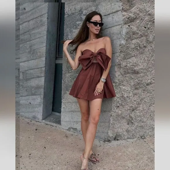 Zara CUT OUT BOW TAFFETA DRESS brown