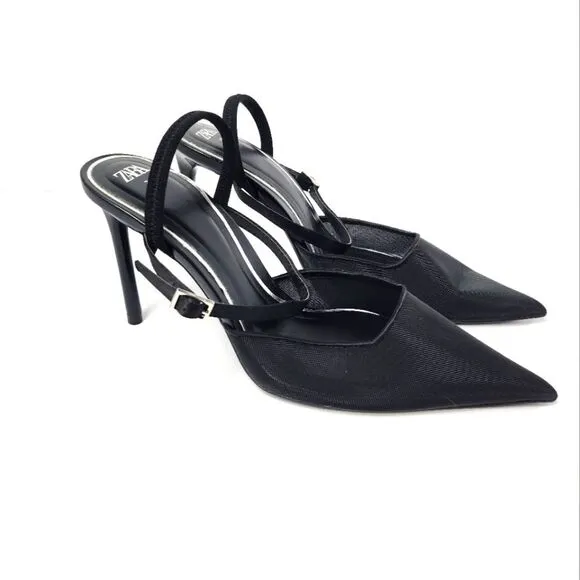 Zara Mesh Pointed Toe Black Heels Womens Size 38